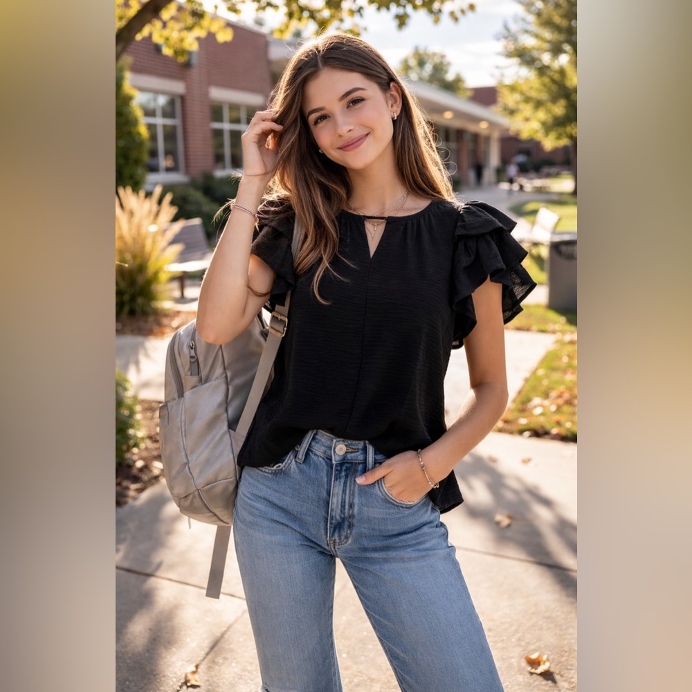 SO Juniors Flutter Sleeve Black Blouse Textured Cutout Top Size M- NWT